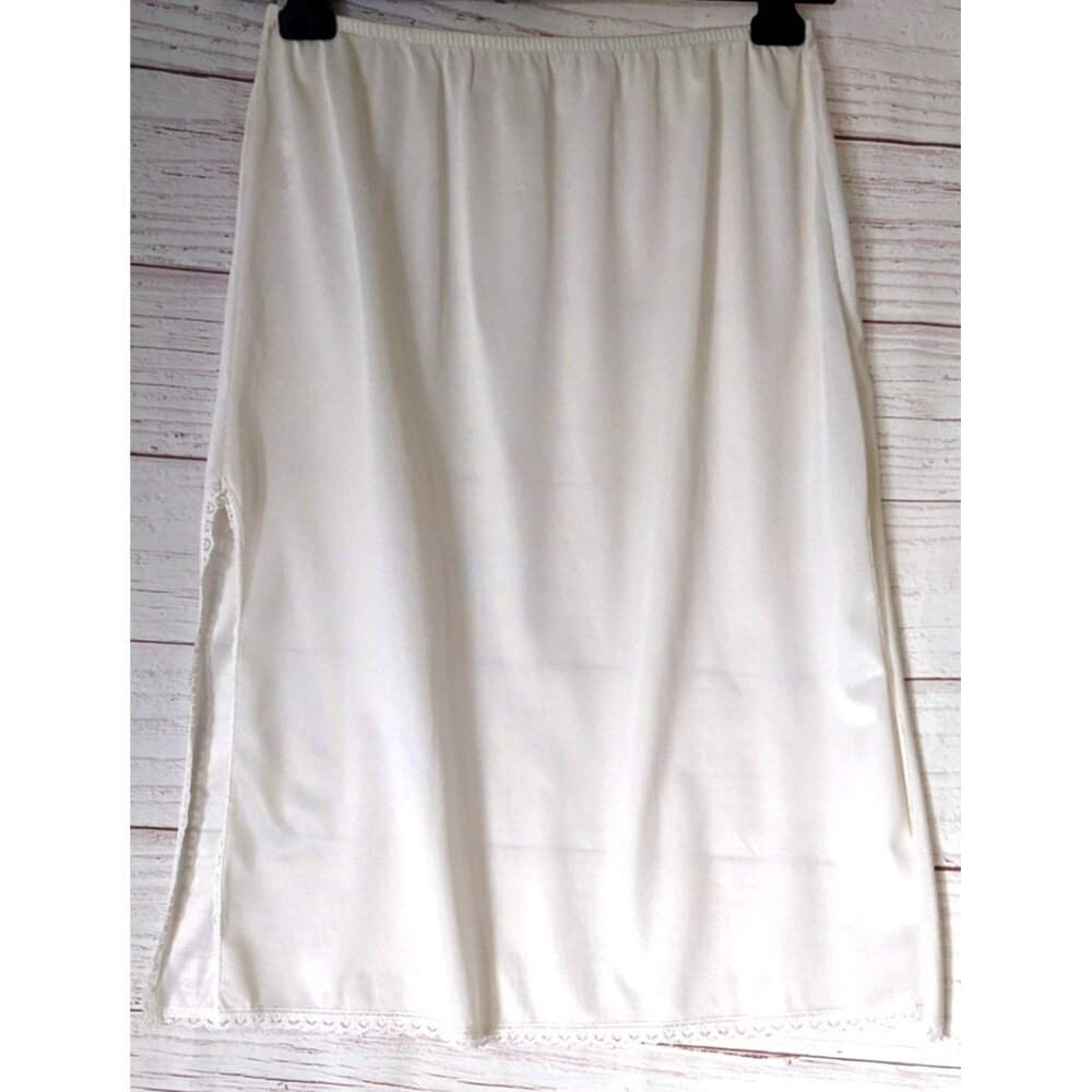 Vintage Queentex Underskirt Lingerie Ivory Knit Knee Length Side Slit Size M